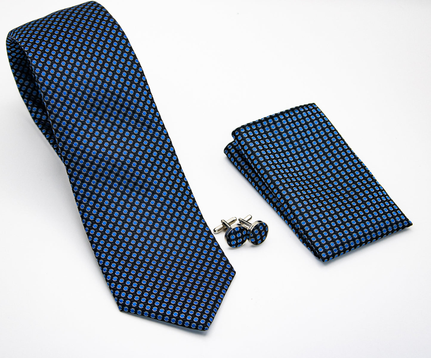 Hupgrades Storm Blue Necktie Pocket Square Cufflinks Set
