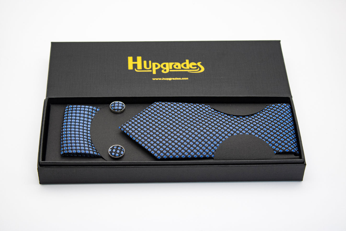 Hupgrades Storm Blue Necktie Pocket Square Cufflinks Set