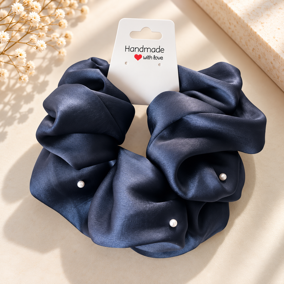 Handmade Satin Scrunchie – Oversized Statement Hair Scrunchie with Pearl Details | Elegant Hair Accessory