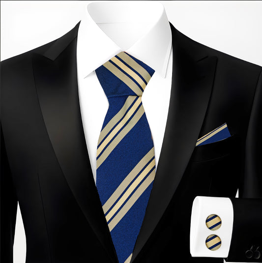 Hupgrades Ocean Thread Necktie Pocket Square Cufflinks Set