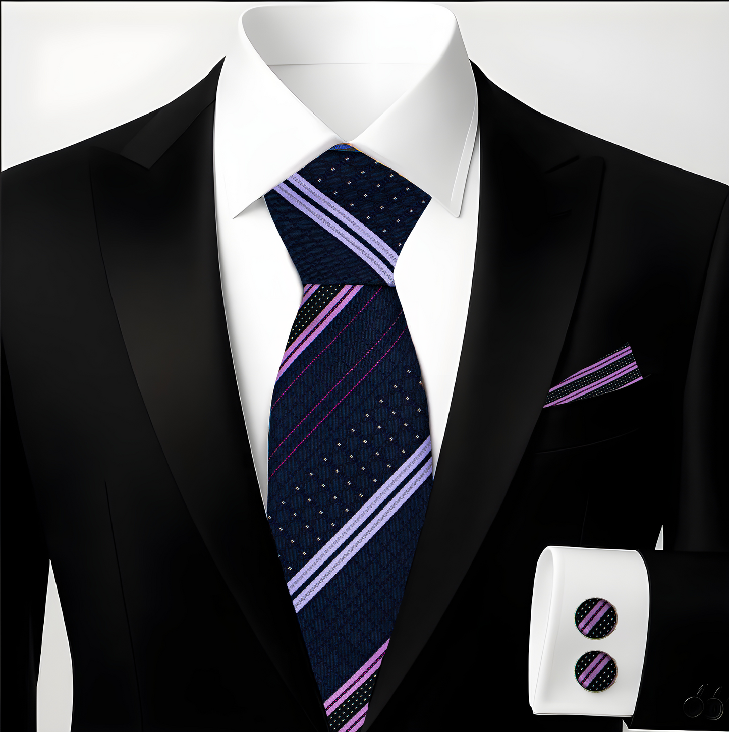 Hupgrades Noir Drift Necktie Pocket Square Cufflinks Set