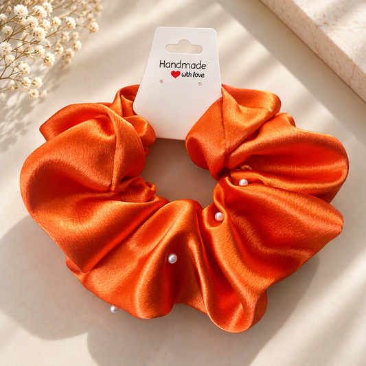 Handmade Satin Scrunchie – Oversized Statement Hair Scrunchie with Pearl Details | Elegant Hair Accessory