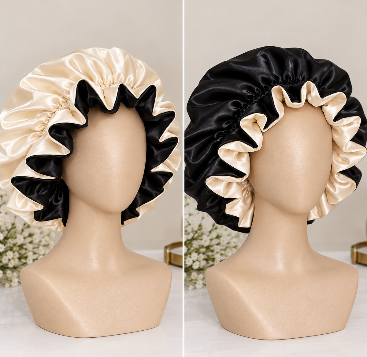 Reversible black and off-white satin hair bonnet displayed on a blank-face mannequin, showing both color combinations with ruffled edges.