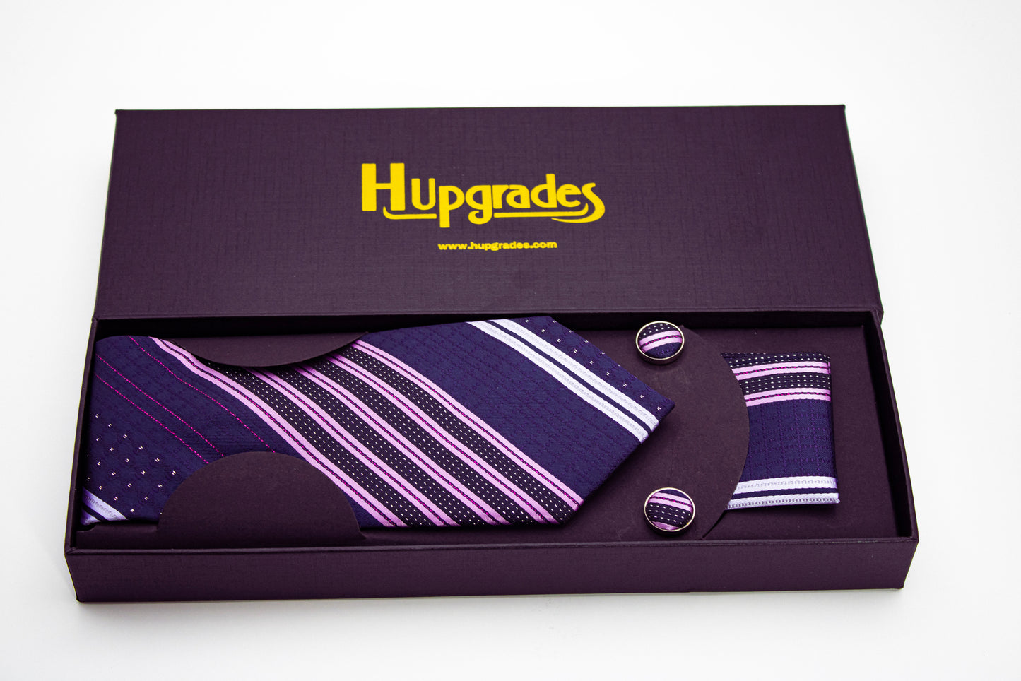 Hupgrades Noir Drift Necktie Pocket Square Cufflinks Set